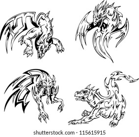 Dragon tattoos. Set of black and white vector illustrations.