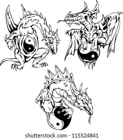 Dragon tattoos with yin-yang signs. Set of vector illustrations.