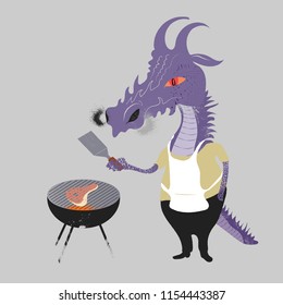 A dragon tends his barbecue.