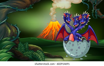 Dragon with three heads in egg illustration