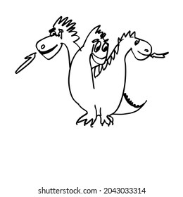 A dragon with three heads. A fabulous funny character. A hand-drawn sketch. Vector illustration