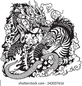 dragon and tiger fight, black and white tattoo illustration