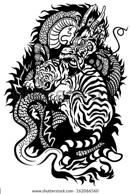 白黒の入れ墨と戦うドラゴンと虎のイラスト のベクター画像素材 ロイヤリティフリー