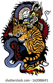 dragon and tiger fighting tattoo illustration