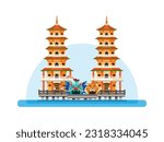 Dragon and Tiger Pagodas in Lotus Lake, Kaohsiung, Taiwan. Famous Temple Landmark Building Flat Cartoon illustration Vector