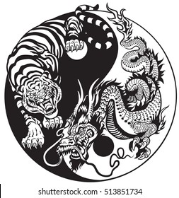 dragon and tiger yin yang symbol of harmony and balance. Black and white 