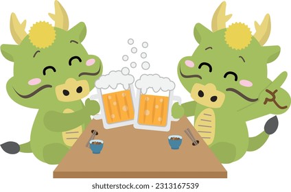 A dragon toasting with beer at a party such as a year-end party or a new year's party. 