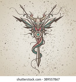 Dragon totem animal vector illustration, tattoo, t-shirt print. Mystic creature, China zodiac symbol