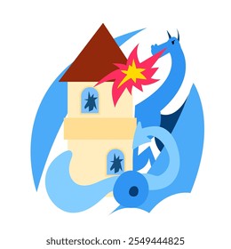 The dragon and the tower. Vector simple color flat illustration.