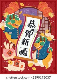 Dragón en la caligrafía china tradicional escrita con atuendo. Texto: Feliz Año Nuevo. Fortuna. Fortuna.