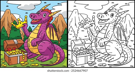 Dragon with Treasure Chest Coloring Illustration