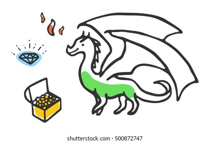 Dragon with treasures and fire. Cute cartoon illustration isolated on white. Green dragon with brilliant and gold