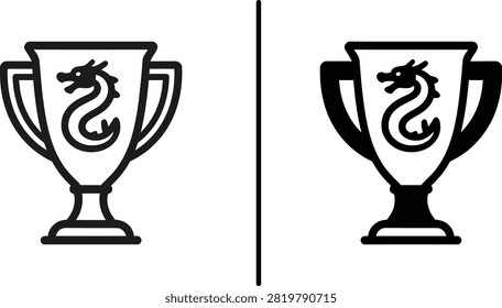Dragon trophy cup vector icon in line and glyph style, editable stroke, isolated on white background, ideal for gaming apps, esports branding and streaming design.