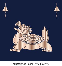 Dragon turtle in gold color. Postcard in oriental style in blue. The symbol of Chinese culture.