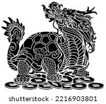 Dragon Turtle Tortoise sitting on a lot of coins. Mythological Chinese creature. Celestial Feng Shui animal. Silhouette. Side view. Black and white isolated vector illustration