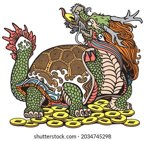 Dragon Turtle Tortoise sitting on a lot of coins. Mythological Chinese creature. Celestial Feng Shui animal. Isolated vector illustration