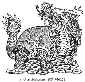 Dragon Turtle Tortoise sitting on a lot of coins. Mythological Chinese creature. Celestial Feng Shui animal. Black and white isolated vector illustration