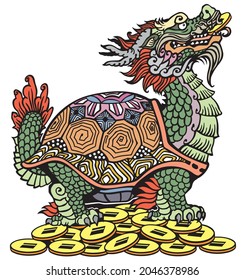 Dragon Turtle Tortoise sitting on a lot of coins. Mythological Chinese creature. Celestial Feng Shui animal. Side view. Isolated vector illustration