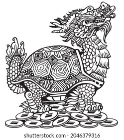 Dragon Turtle Tortoise sitting on a lot of coins. Mythological Chinese creature. Celestial Feng Shui animal. Side view. Black and white isolated vector illustration