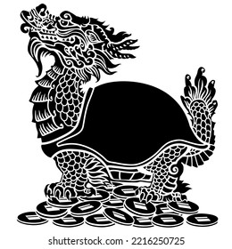 Dragon Turtle Tortoise sitting on a lot of coins. Mythological Chinese creature. Celestial Feng Shui animal. Silhouette. Side view. Black and white isolated vector illustration