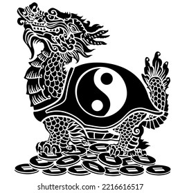 Dragon Turtle Tortoise sitting on a lot of coins. Mythological Chinese creature. Celestial Feng Shui animal. Silhouette with Yin Yang symbol. Side view. Black and white isolated vector illustration