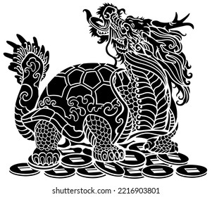 Dragon Turtle Tortoise sitting on a lot of coins. Mythological Chinese creature. Celestial Feng Shui animal. Silhouette. Side view. Black and white isolated vector illustration