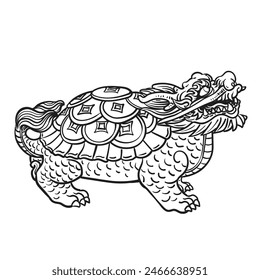 Tortuga Dragón Tortuga sentado en un montón de monedas. Criatura mitológica china. Animal Feng Shui celestial. Vista lateral. Ilustración vectorial aislada en blanco y negro 