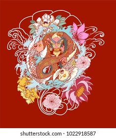 Dragon and two koi carp with yin-yang symbol.hand drawn Dragon and koi fish with flower tattoo for Arm,Japanese carp line drawing coloring book.Dragon and koi fish fighting and water splash.