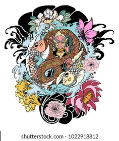 Dragon and two koi carp with yin-yang symbol.hand drawn Dragon and koi fish with flower tattoo for Arm,Japanese carp line drawing coloring book.Dragon and koi fish fighting and water splash.