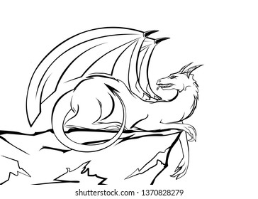 Dragon - vector engraving sketch. Ancient fire-breathing monster - fantastic animal myth. Heraldic symbol Game of Thrones. Ice and flame creatures - defender of noble house