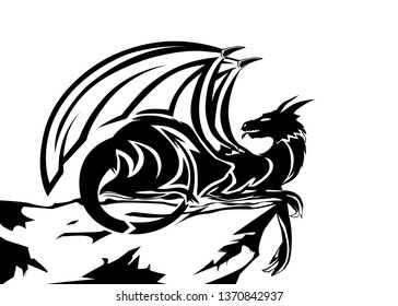 Dragon - vector engraving sketch. Ancient fire-breathing monster - fantastic animal myth. Heraldic symbol Game of Thrones. Ice and flame creatures - defender of noble house. Dragon lies on rock cliff