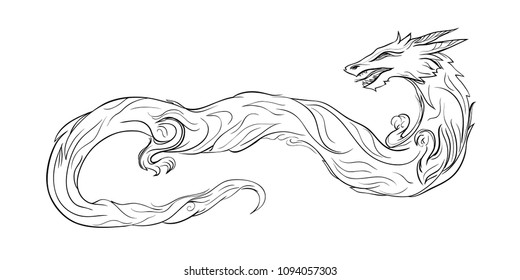 Dragon - vector engraving sketch. Line ink Monster dragon. Smoke cloud flies - logo for brand store. Ancient fire-breathing monster - fantastic animal myth. Heraldic symbol Game of Thrones. 