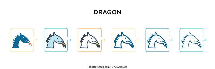 Icono vector dragón en 6 estilos modernos diferentes. Iconos de dragón negros, de dos colores, diseñados en un estilo relleno, contorno, línea y trazo. La ilustración vectorial se puede usar para web, móvil, ui