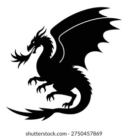 Dragon vector icon. Dragon Silhouette. Black dragon tattoo. Mythical creature icon. Vector illustration of a flying dragon.