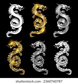 Dragon vector illustration design. Shiny dragon design vector. Gold and Metal dragon vector