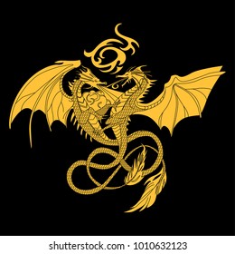 Dragon vector. Illustration of Dragons with wings and fire. Gold and black.