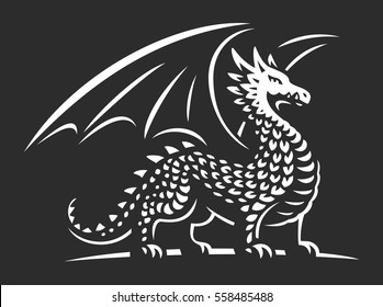 Dragon vector illustration, emblem design on dark background.