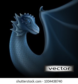 Dragon, vector illustration. Isolated on a black background. Gray blue color of the skin, scales of a dragon. Blue eyes, glow in the dark. Fantasy fairy picture.