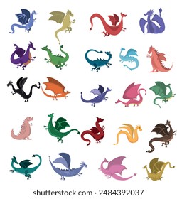 Dragon vector illustration set. Cartoon colorful fairytale mythical dragon collection.