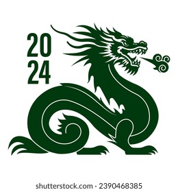 Dragon vector isolated side view silhouette. Chinese calendar symbol of the new year. Dragon full body with tail and legs. Dragon breath with fire. Fantasy mythical oriental talisman.