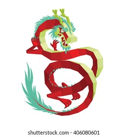 Dragon Vector. Legendary Creature in Chinese Mythology - Colorful Asian Dragon in Mixed Style Isolated on a White Background. Vector Illustration of Modern Polygonal Chinese Dragon for Your Design.