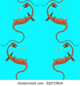 dragon vector seamless pattern. blue and brown colors. freehand drawing