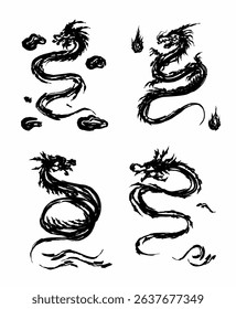 Dragon vector set hand-drawn, brush-style Asian dragons. perfect for tattoos, prints, decals, or Eastern-themed graphic projects