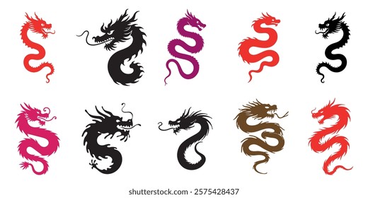 dragon vector set in multiple colors featuring asian mythical creatures and cultural symbols