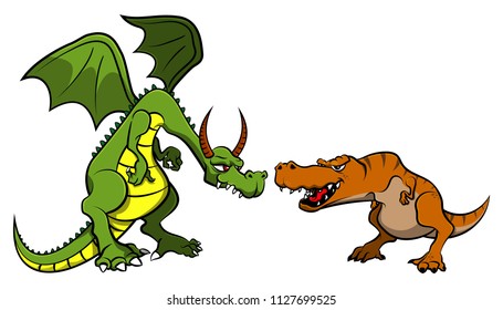 Dragon versus Tyrannosaurus Rex Cartoon Vector