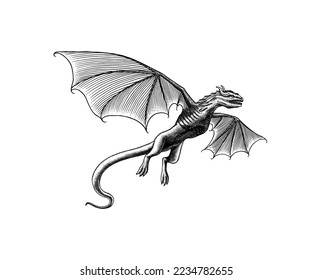 Dragon in Vintage style. Mythological animal or traditional reptile. Symbol for tattoo or label. Engraved hand drawn line art old monochrome sketch, ink. Vector illustration. 
