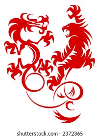 Dragon Vs Tiger Fight. Vector Tattoo Image