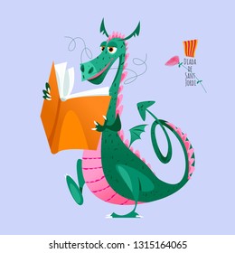 Dragon walks and reeds a big  book. Diada de Sant Jordi (the Saint George’s Day). Traditional festival in Catalonia, Spain. Vector illustration. 