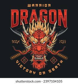 Dragon warrior colorful vintage sticker with head of ferocious monster and two katanas near title victory or death vector illustration