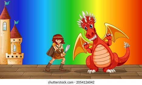 Dragon with warrior girl cartoon character on rainbow gradient background illustration